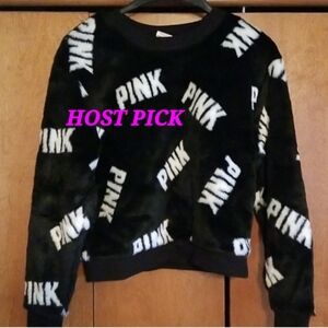 Victorias Secret PINK Black Faux Fur Sweater White PINK logo XS